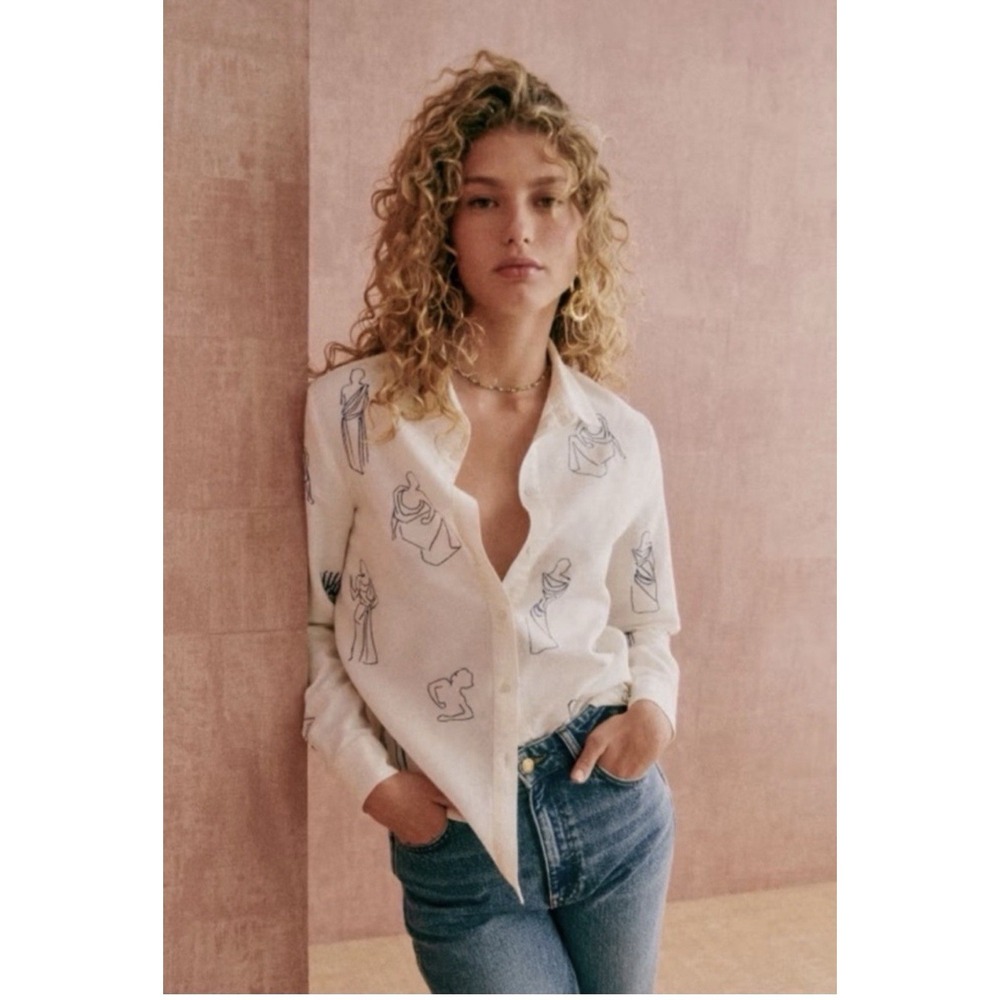 SÉZANE x Roberto Ruspoli Tom Shirt Print Size 32   XXS Long Sleeve Linen White - Picture 3 of 9